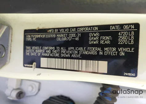 2015 Volvo S60 T5 Premier z USA, uszkodzony, nr VIN YV126MFK9F2337619